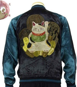 [HANATABIGAKUDAN] Beckoning Cat Reversible Souvenir Jacket - sukajack