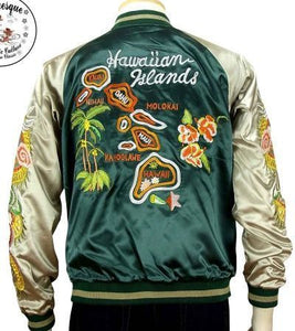 [JAPANESQUE] HAWAIIAN Islands & White TIGER Green Souvenir Jacket - sukajack