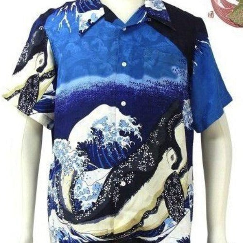 [HANATABIGAKUDAN] Whale Silk Jacquard Hawaiian Shirts - sukajack