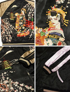 [HANATABIGAKUDAN] Weeping Cherry Tree Geisha Embroidery Sukajan - sukajack