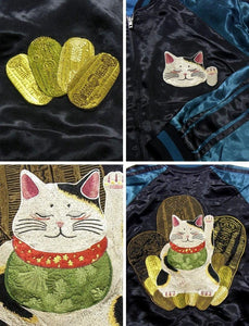 [HANATABIGAKUDAN] Beckoning Cat Reversible Souvenir Jacket - sukajack