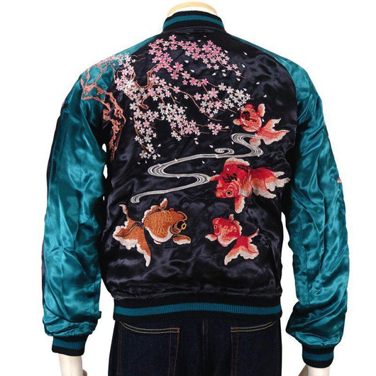 [HANATABIGAKUDAN]Sakura Goldfish Embroidery Souvenir Jacket - sukajack