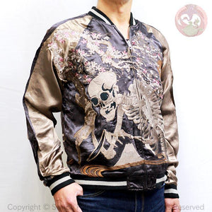 [HANATABIGAKUDAN] Cherry Blossoms Gasha Skull Embroidery Sukajan