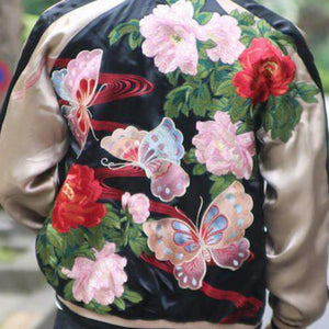 [HANATABIGAKUDAN] Peony and Butterfly Reversible Souvenir Jacket - sukajack