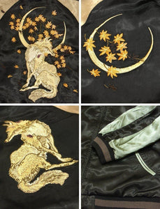[HANATABIGAKUDAN] Moon Autumn leaves Fox Embroidery Sukajan - sukajack